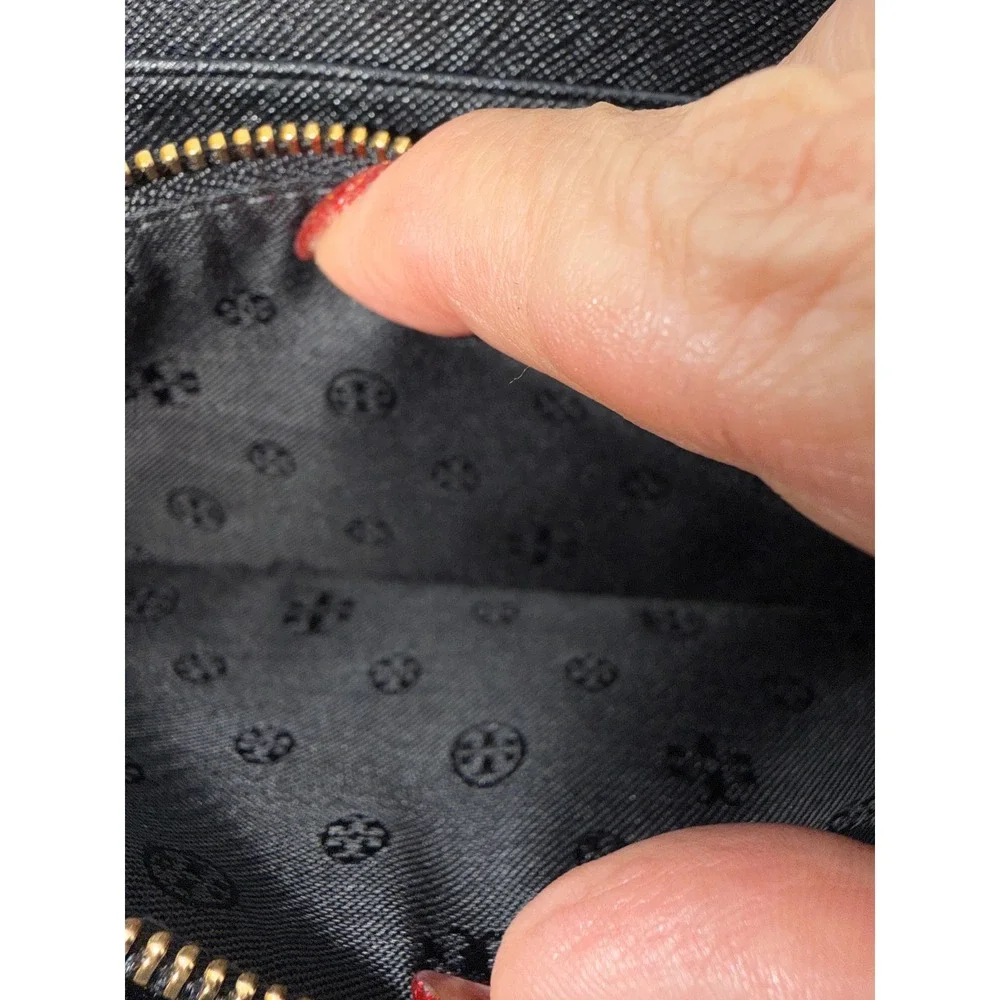 Tory Burch Black Saffiano Leather Perforated Zip Around Continental Wallet